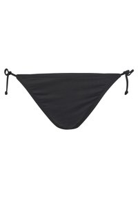 Melns bikini apakšda, izgatavota no gludas, elastīgas auduma, piedāvā minimālistisku dizainu ar plānām auklām sānos un trīsstūra formu.