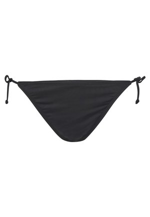 Black bikini bottom, made of smooth, stretchy fabric, features a minimalist design with thin tie sides and a triangular shape.