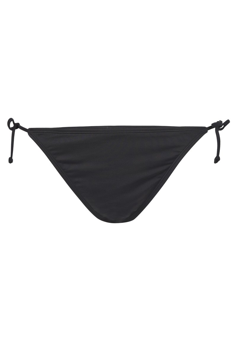Bas de bikini noir, fabriqué en tissu lisse et extensible, présente un design minimaliste avec des côtés fins à nouer et une forme triangulaire.