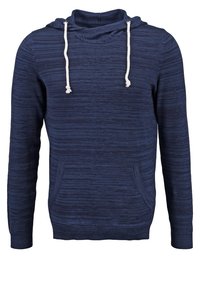 Sweat à capuche bleu marine avec un motif texturé, cordons blancs réglables et une poche avant kangourou. Ourlet et poignets côtelés.