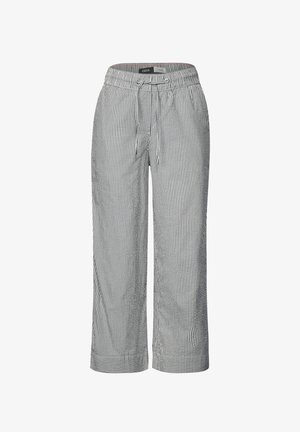 Stribede løstsiddende bukser lavet af letvægtigt stof, med elastisk talje og snøre, samt cropped længde, i marineblå og hvid.