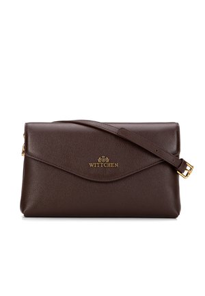 Brown leather clutch bag with a textured finish, featuring a gold logo and an adjustable strap. Smooth flap closure with a slight curve.