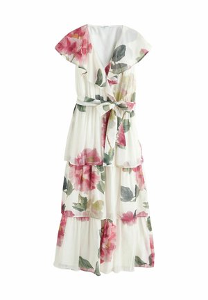 Weißes Midi-Wickelkleid mit pink-grünem Blumenmuster, kurzen Volantärmeln, mehrlagigem Rock und passendem Taillengürtel.