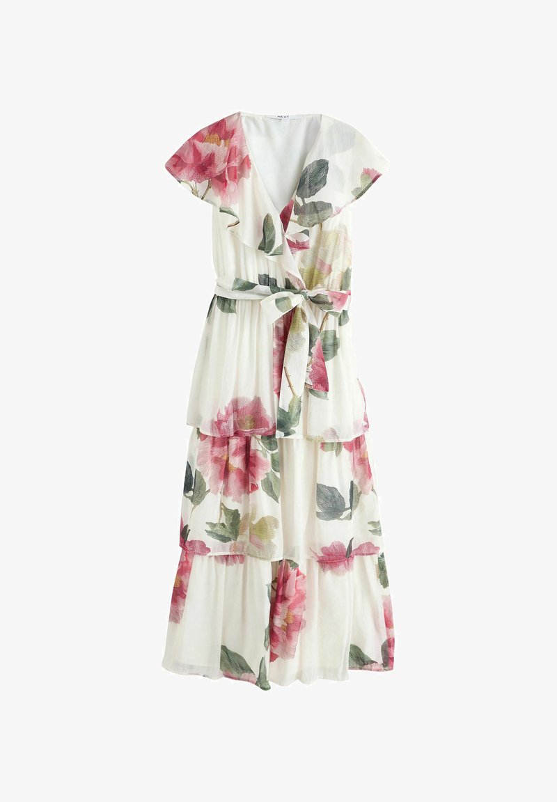 Robe midi portefeuille blanche à imprimé floral rose et vert, manches courtes volantées, jupe à volants et ceinture à nouer assortie à la taille.