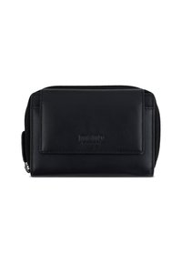 Schwarze Lederbrieftasche mit vorderer Klappentasche und Reißverschluss, geprägtes Branding auf der Vorderseite, kompakt und rechteckig in der Form.