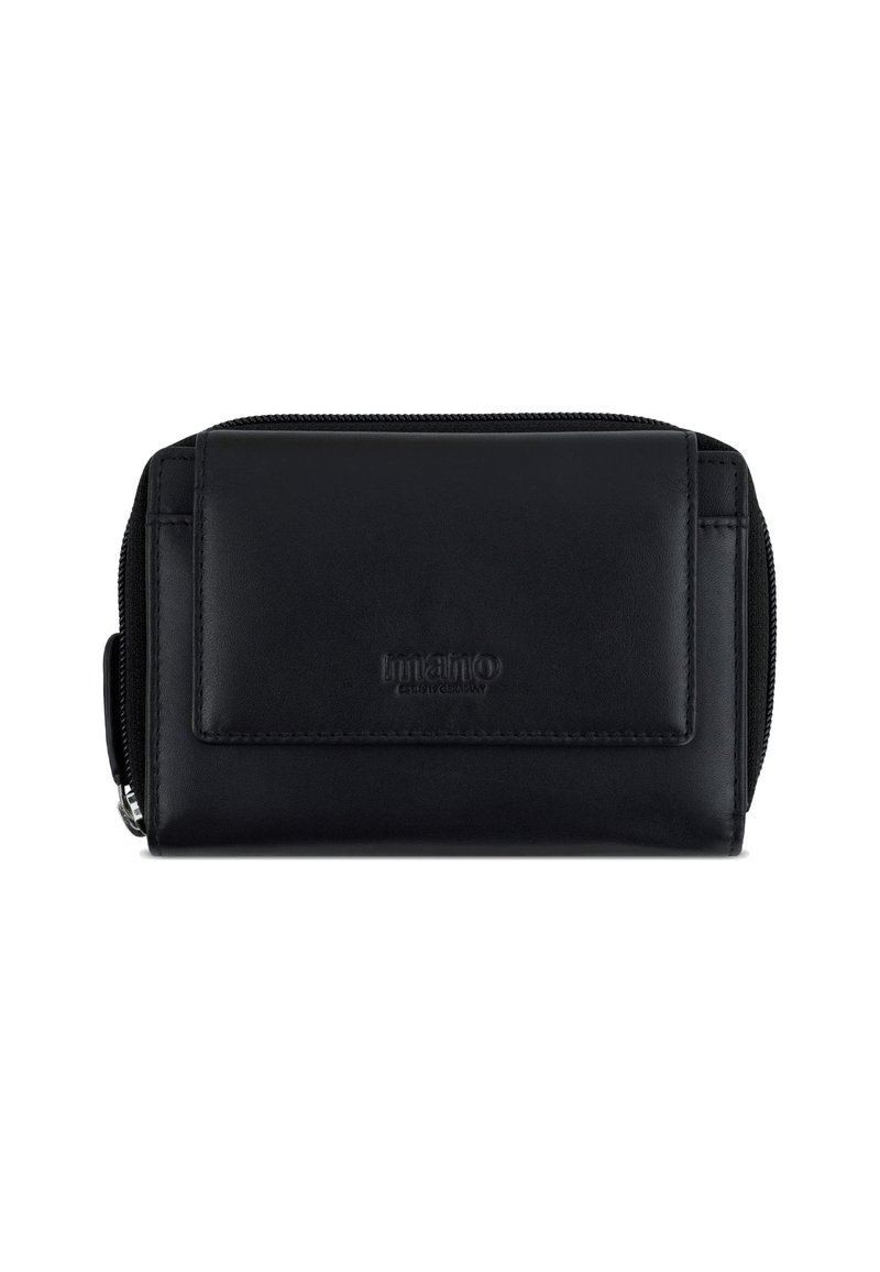 Schwarze Lederbrieftasche mit vorderer Klappentasche und Reißverschluss, geprägtes Branding auf der Vorderseite, kompakt und rechteckig in der Form.