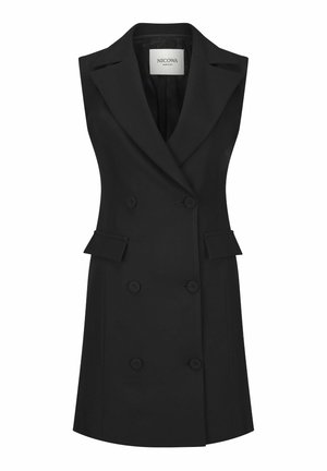 Zwarte mouwloze blazerjurk met dubbele knopenrij, reverskraag, zes knopen en twee klepzakken aan de voorkant.