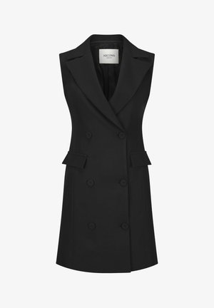 Zwarte mouwloze blazerjurk met dubbele knopenrij, reverskraag, zes knopen en twee klepzakken aan de voorkant.