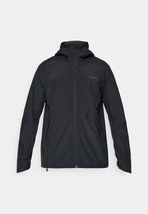 Black waterproof jacket with a hood, front zip closure, and two side pockets; smooth texture and lightweight design.