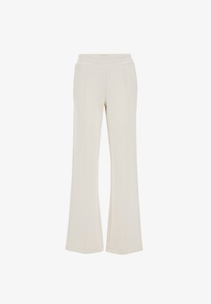 Kreem värvi laiad püksid, mis on valmistatud pehmest kangast, kõrgema vöökohtadega, õmmeldud detailidega ja minimalistliku disainiga ilma taskuteta.