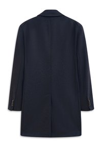 Marineblauer Wollmantel mit einem einreihigen Design, Reverskragen und knöpfbaren Manschetten. Glatte Textur mit tailliertem Schnitt.