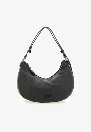 Bolso hobo hecho de cuero negro texturizado, con una silueta curvada, una sola correa ajustable y un cierre con cremallera con acento de logo.