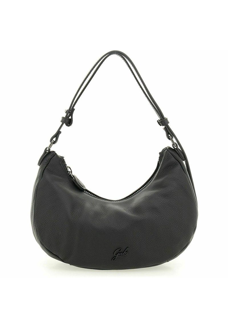 Hobo-Tasche aus strukturiertem schwarzem Leder, mit einer geschwungenen Silhouette, einem verstellbaren Einzelriemen und einem Reißverschluss mit Logo-Akzent.