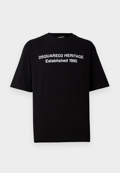 Schwarzes Kurzarm-T-Shirt aus Baumwolle mit Rundhalsausschnitt, auf der Vorderseite mit weißem Text: "DSQUARED2 HERITAGE Established 1995".