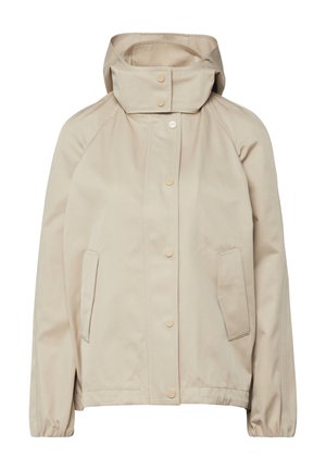 Veste à capuche beige avec boutons-pression à l'avant, deux poches avant inclinées, manches longues avec poignets élastiques et col haut.