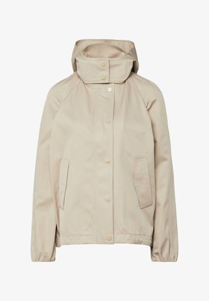 Veste à capuche beige avec boutons-pression à l'avant, deux poches avant inclinées, manches longues avec poignets élastiques et col haut.