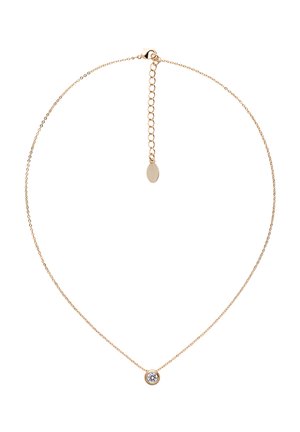 Collana delicata con catenina d'oro e pendente singolo con pietra preziosa rotonda e trasparente, con chiusura regolabile a catena.
