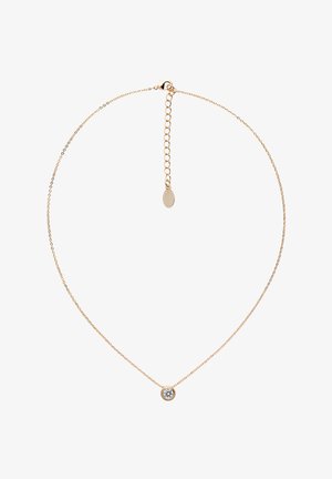 Collier délicat en chaîne d'or avec un pendentif en forme de pierre précieuse ronde et claire, et une extension de chaîne à fermoir ajustable.