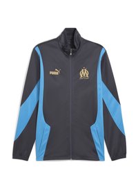 Puma varsityjacka med en mörkgrå kropp, blå sidopaneller, hög krage, frontdragkedja och detaljer i guld för en sportig look.