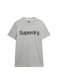 Lys grå bomulds T-shirt med ordet "Superdry." i fede sorte bogstaver, med rund hals og korte ærmer.