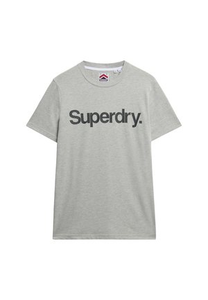 Lichtgrijze katoenen t-shirt met het woord "Superdry." in dik zwarte letters, met een ronde halslijn en korte mouwen.