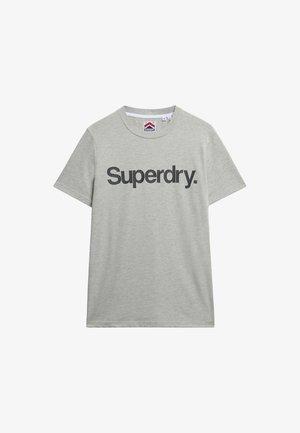 Lichtgrijze katoenen t-shirt met het woord "Superdry." in dik zwarte letters, met een ronde halslijn en korte mouwen.