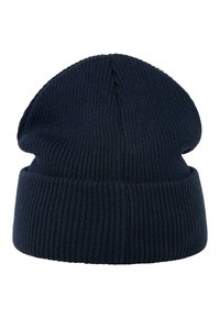 Donkerblauwe gebreide beanie met een ribbelstructuur en een slouchy ontwerp, gemaakt van een zacht, flexibel materiaal voor comfort.