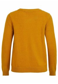 Senapsgul tröja med långa ärmar, ribbad halsringning och mudd, samt slät textur. Har en enkel, klassisk design.