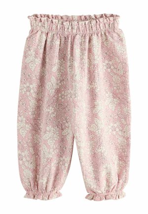 Pink elastic waist and ankle pants with white floral pattern, loose fit, gathered cuffs.