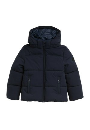 Giacca a vento blu navy con cappuccio, chiusura con zip e due tasche frontali. Presenta cuciture a zig-zag orizzontali e un rivestimento interno liscio.