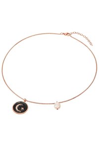 Rose gold halskæde med en sort rund vedhæng, der har et design med en halvmåne og stjerne, pyntet med et hvidt perlecharme på en delikat kæde.