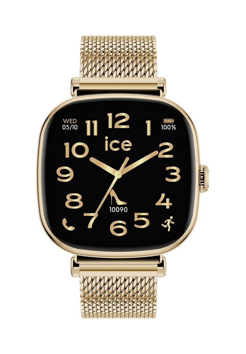 Złoty smartwatch z kwadratową czarną tarczą, dużymi białymi cyframi, metalową siateczkową bransoletą oraz wskaźnikami daty i poziomu naładowania baterii.