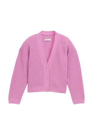 Cardigan rosa lavorato a maglia con scollatura a V, maniche lunghe e chiusura a cinque bottoni. Tessuto testurizzato con polsini e orlo a costine.