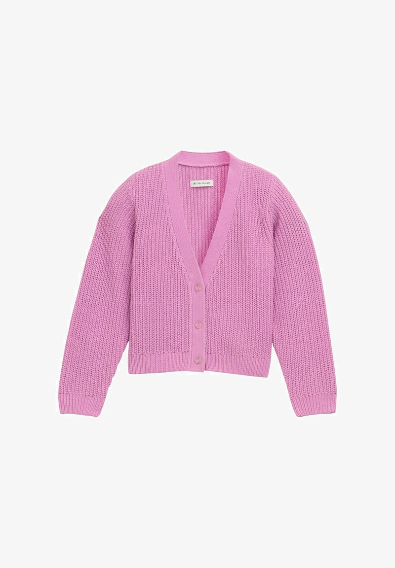 Cardigan en tricot rose avec un col en V, des manches longues et cinq boutons de fermeture. Tissu texturé et poignets et ourlet côtelés.