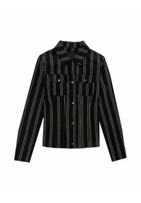 Gestreiftes Hemd in Schwarz und Weiß mit Kragen, langen Ärmeln und zwei Brusttaschen. Verfügt über Druckknöpfe auf der Vorderseite und strukturierten Stoff.