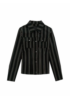 Gestreiftes Hemd in Schwarz und Weiß mit Kragen, langen Ärmeln und zwei Brusttaschen. Verfügt über Druckknöpfe auf der Vorderseite und strukturierten Stoff.
