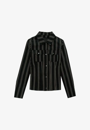 Gestreiftes Hemd in Schwarz und Weiß mit Kragen, langen Ärmeln und zwei Brusttaschen. Verfügt über Druckknöpfe auf der Vorderseite und strukturierten Stoff.