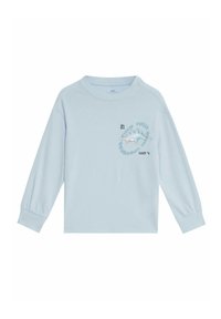 Maglietta a maniche lunghe color azzurro chiaro in cotone. Presenta un collo rotondo e polsini elasticizzati, con una grafica sulla parte anteriore.