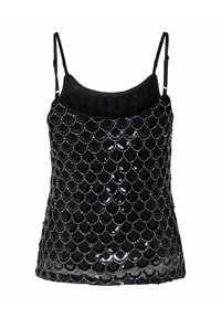 Débardeur noir à fines bretelles orné de sequins noirs et argentés en motif festonné sur le devant, avec un tissu transparent en bas de l'ourlet.