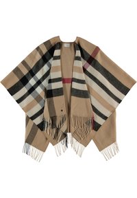 Poncho à carreaux beige avec des accents noirs, blancs et rouges. Texture douce et tissée avec des bords frangés. Design ouvert, avec des manches larges.