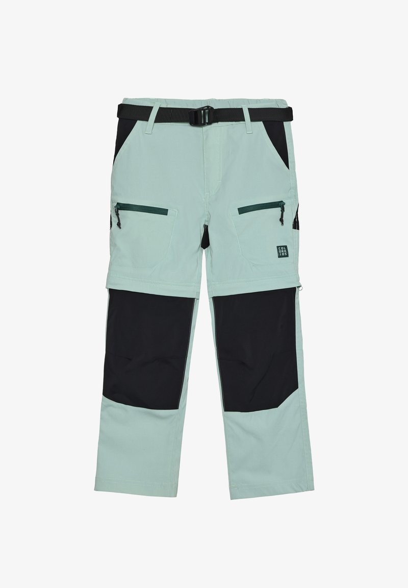 Hellgrüne und schwarze Kinder-Convertible-Outdoorhosen mit Reißverschlusstaschen am Oberschenkel und verstellbarem schwarzem Gürtel.