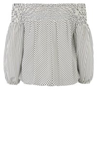 Blouse dénudée des épaules en tissu léger, avec des rayures horizontales bleu marine et blanches, un col smocké et des manches longues bouffantes.