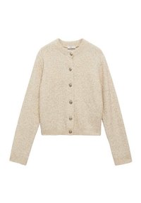 Beige neulejakku, jossa on pyöreä kaula-aukko, pitkät hihat ja seitsemän etunappia. Jakussa on teksturoitu kangas ja resorireunus.