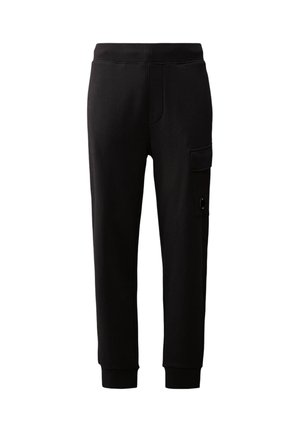 Zwarte sweatpants met elastische tailleband, taps toelopende pijpen, zijvak met klep en ribgebreide boorden. Gemaakt van een zacht, flexibel materiaal.