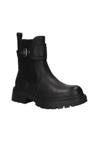 Stivali alla caviglia neri realizzati in pelle testurizzata con una larga fascia e dettaglio con fibbia in metallo. Suola spessa per una maggiore aderenza e durata.