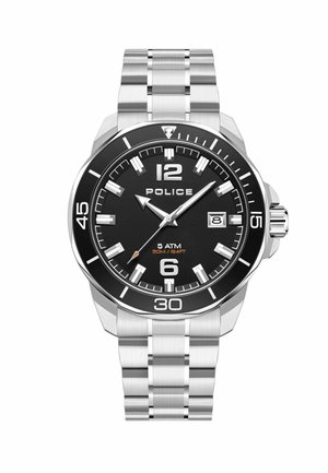 Orologio con quadrante nero, bracciale e cassa in acciaio inossidabile argentato. Caratteristiche includono marcatori delle ore bianchi ben visibili, finestra per la data e resistenza all'acqua fino a 50 metri.