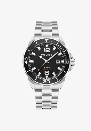 Schwarze Zifferblatt-Uhr mit einem Gehäuse und Band aus silbernem Edelstahl. Zu den Merkmalen gehören auffällige weiße Stundenmarkierungen, ein Datumsfenster und eine Wasserbeständigkeit von 50 m.