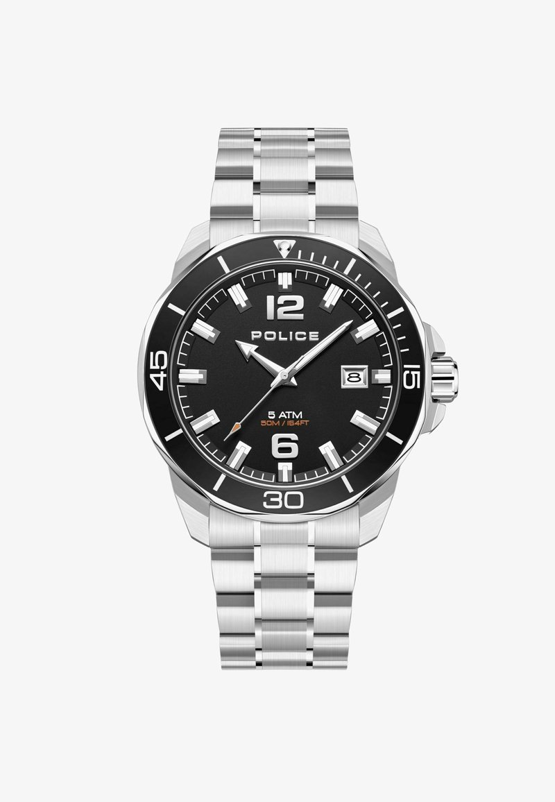 Black dial watch with silver stainless steel band and case. Features include bold white hour markers, date window, and 50m water resistance.