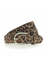 Leopard print belt made of soft material with a shiny silver buckle. Features a textured surface and adjustable length.