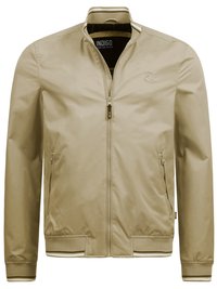 Chaqueta bomber beige con cierre frontal, puños y dobladillo acanalados, y un sutil detalle del logo. Tela suave y un diseño minimalista.